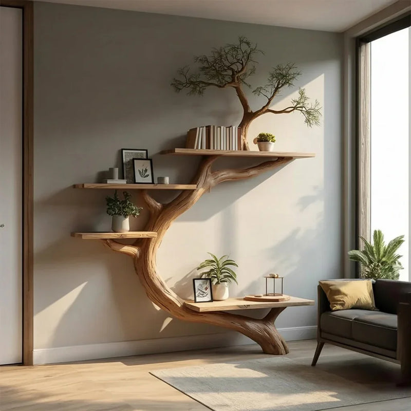 Solid wood tree bookshelf with open shelves, plants, and decor in a sunlit living room.