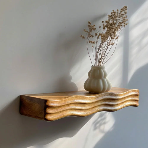 Wave Wall Shelf - Handcarved Solid Wood Floating Shelf with Sculpted Wave Front Edge