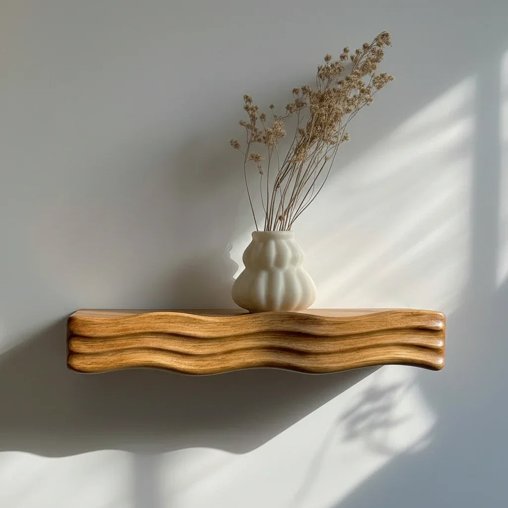 Wave Wall Shelf - Handcarved Solid Wood Floating Shelf with Sculpted Wave Front Edge - Ashdeco 2026