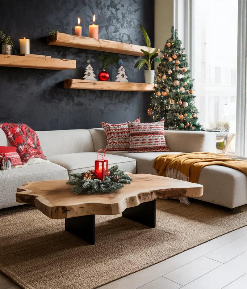 Cozy living room with Christmas tree, wooden coffee table, festive pillows, and candles on shelves