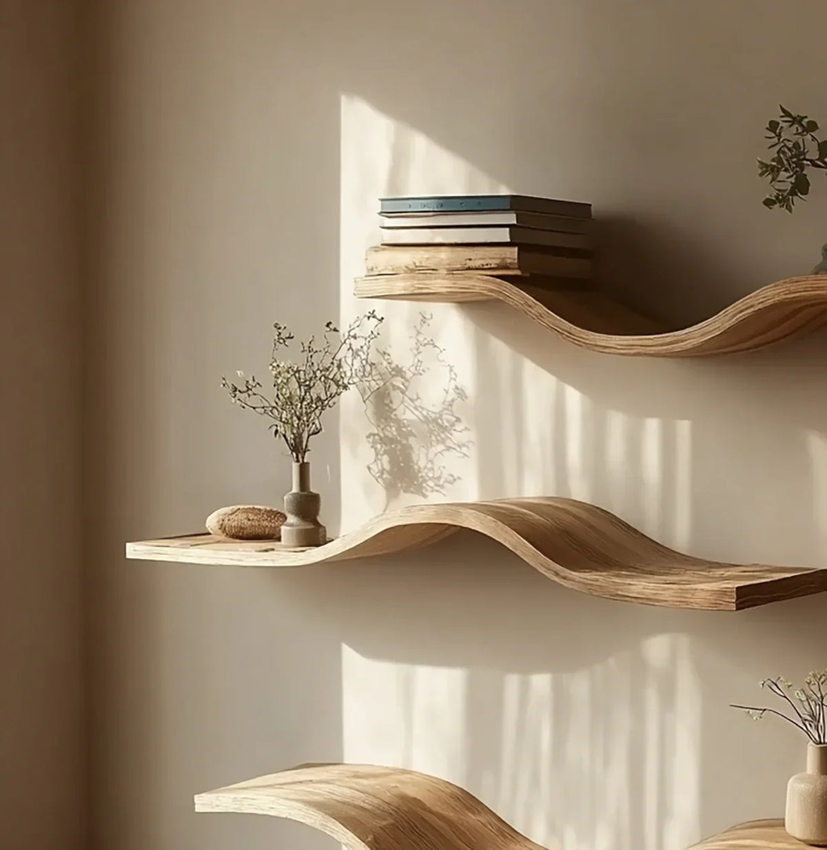 Wavy floating wooden shelves with books and minimalist decor against a neutral wall