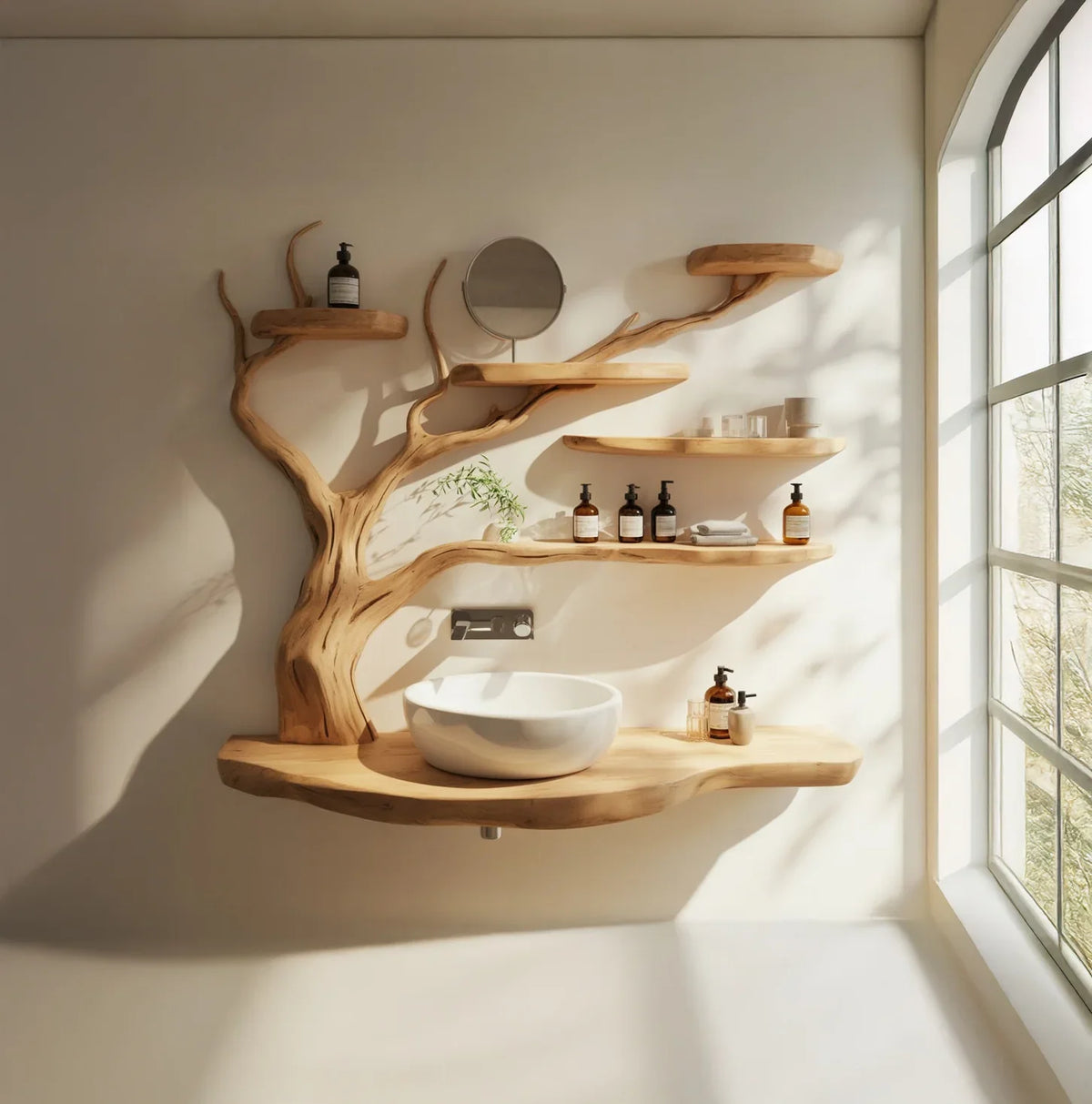 Live edge wood vanity with tree-inspired floating shelves in a sunlit bathroom