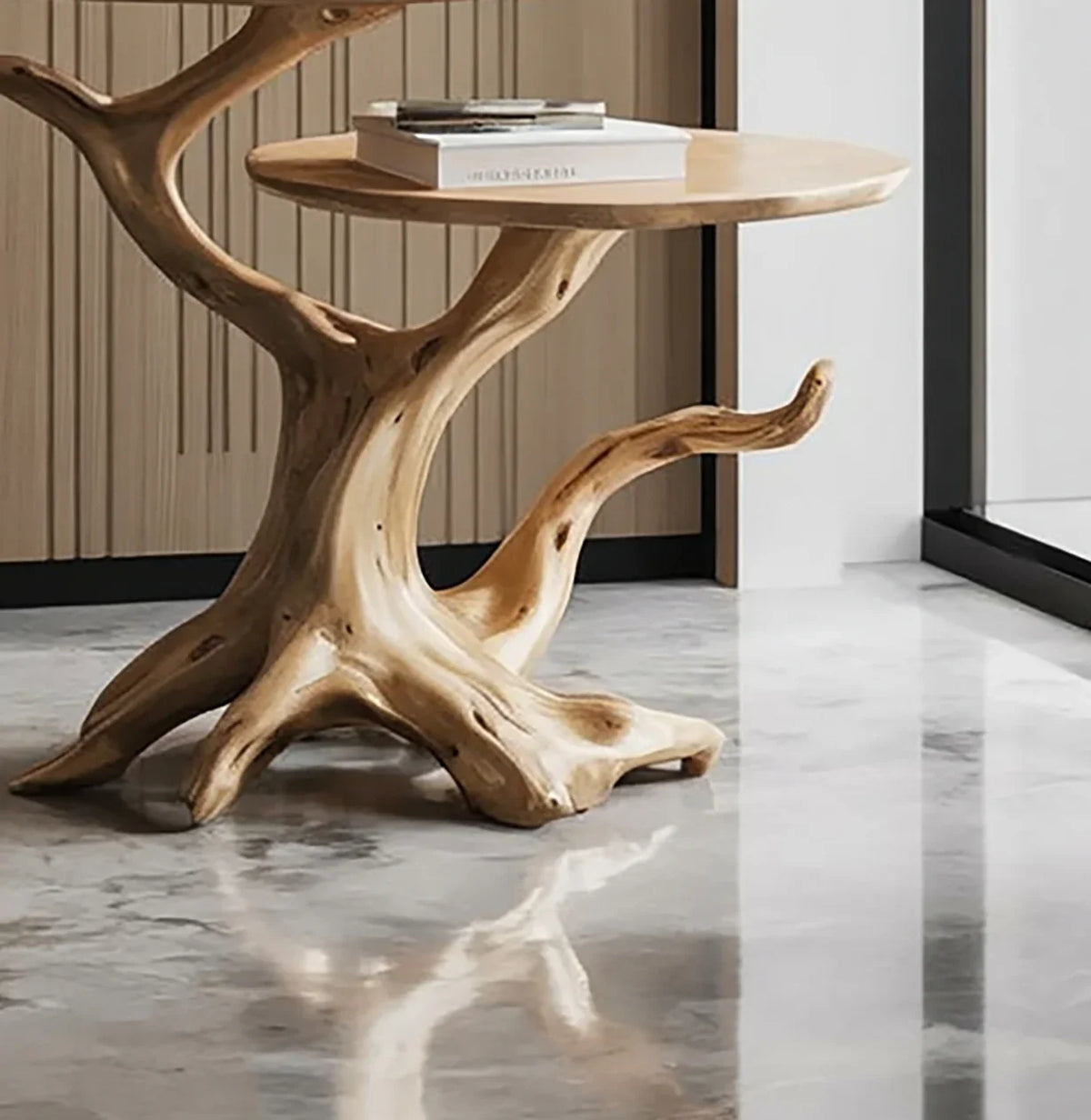 Live edge solid wood table with sculptural tree branch base in modern interior