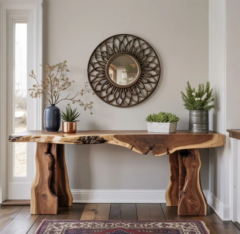 Rustic live edge wood console table with decorative plants and round metal sunburst mirror