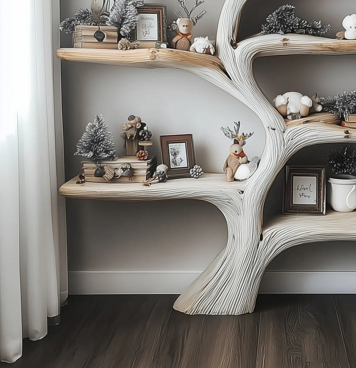 White tree-shaped wooden shelf with Christmas decor, pinecones, stuffed reindeer, and framed art