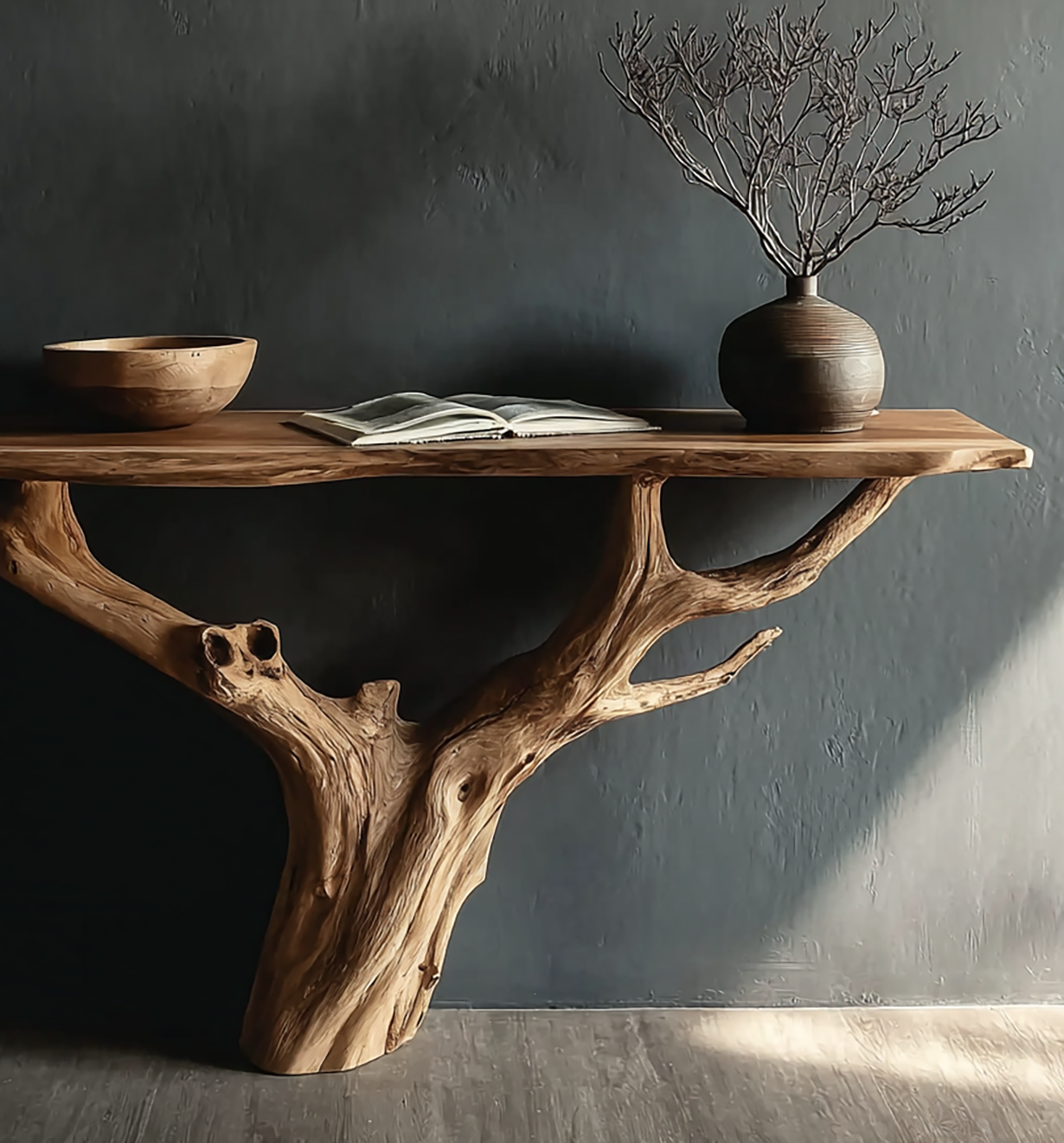Rustic wooden console table with natural branch support, featuring a wooden bowl, open book, and vase with dried branches