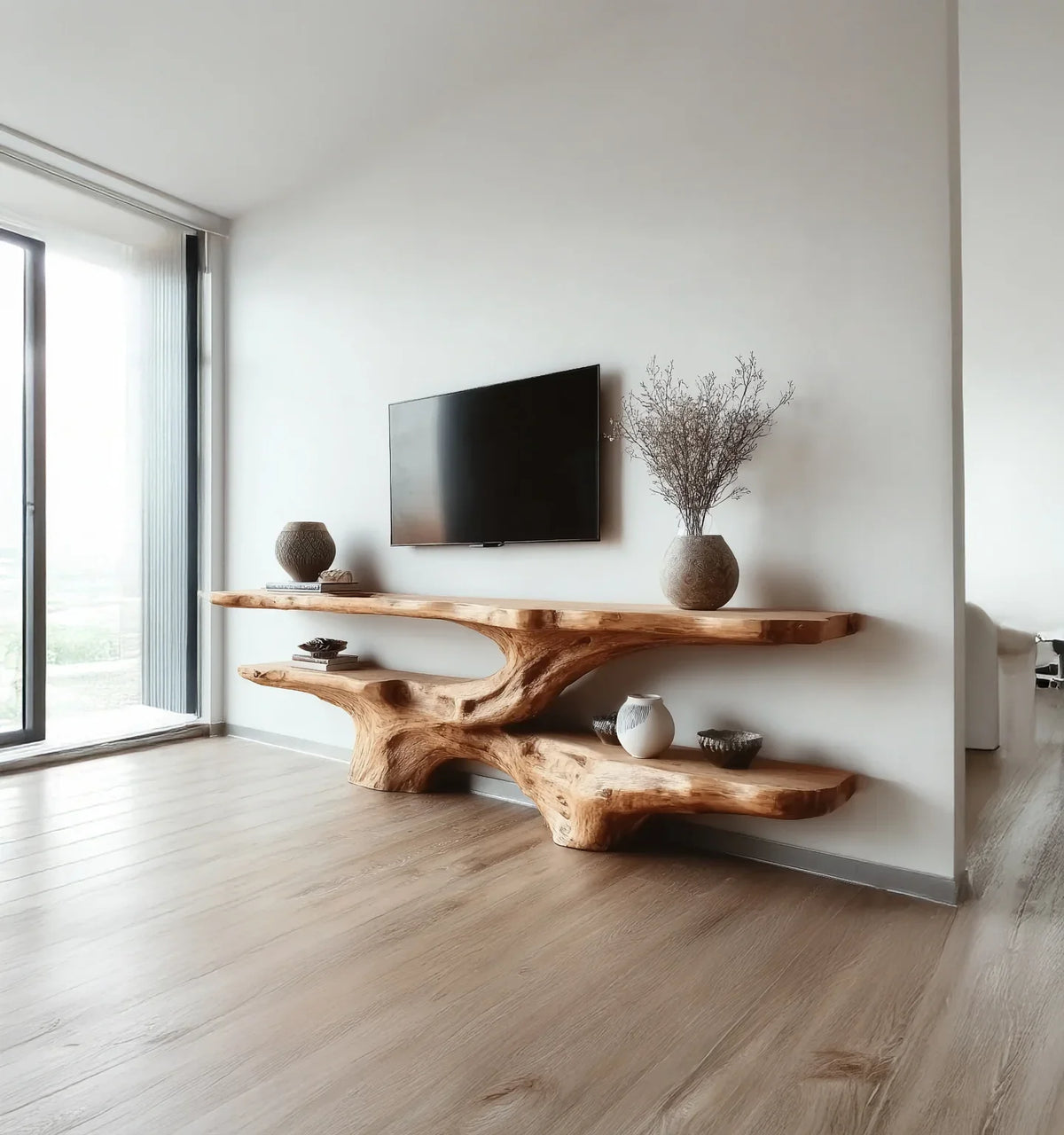Live edge solid wood floating shelf console under wall-mounted TV in modern living room