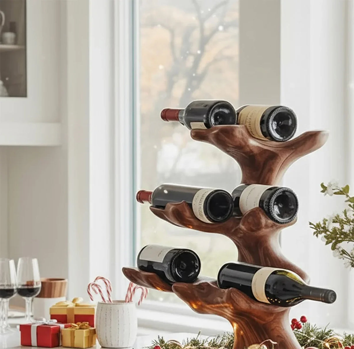 Wooden wine rack holding six wine bottles on a festive kitchen countertop near a window