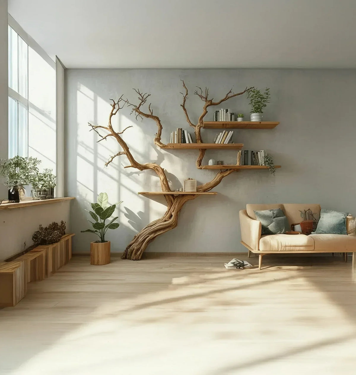 Modern living room with a tree-shaped wooden bookshelf, floating shelves, and cozy sofa