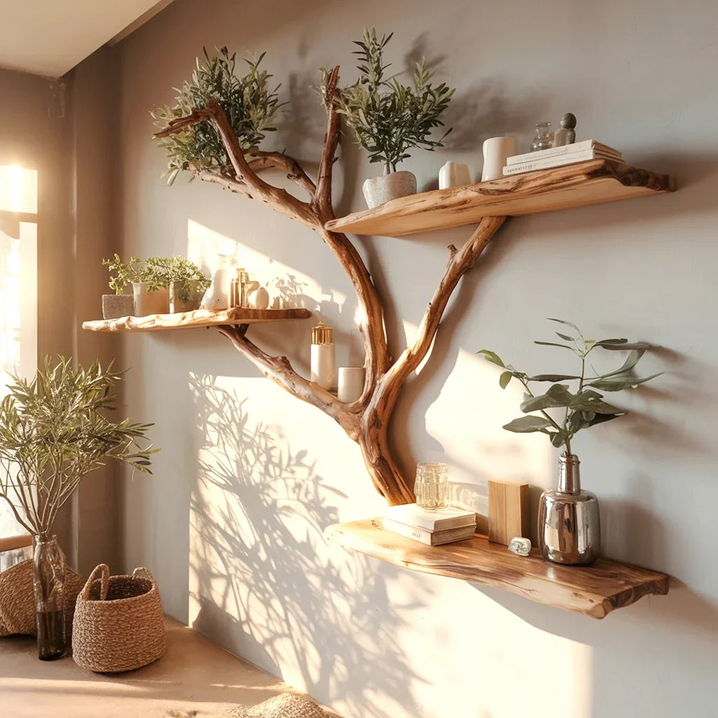 Rustic wooden wall shelves shaped like tree branches with plants, candles, and decorative items in warm sunlight