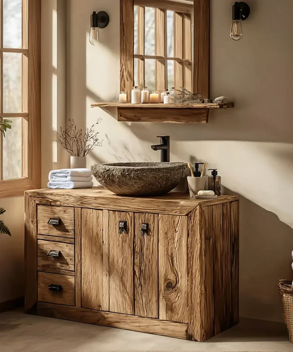 Rustic wooden bathroom vanity with stone vessel sink, black faucet, and natural decor
