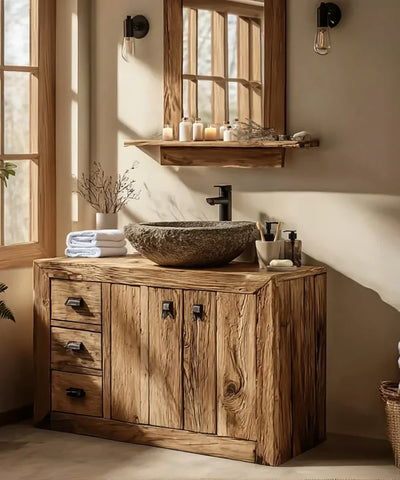 Rustic wooden bathroom vanity with stone vessel sink, black faucet, and natural decor
