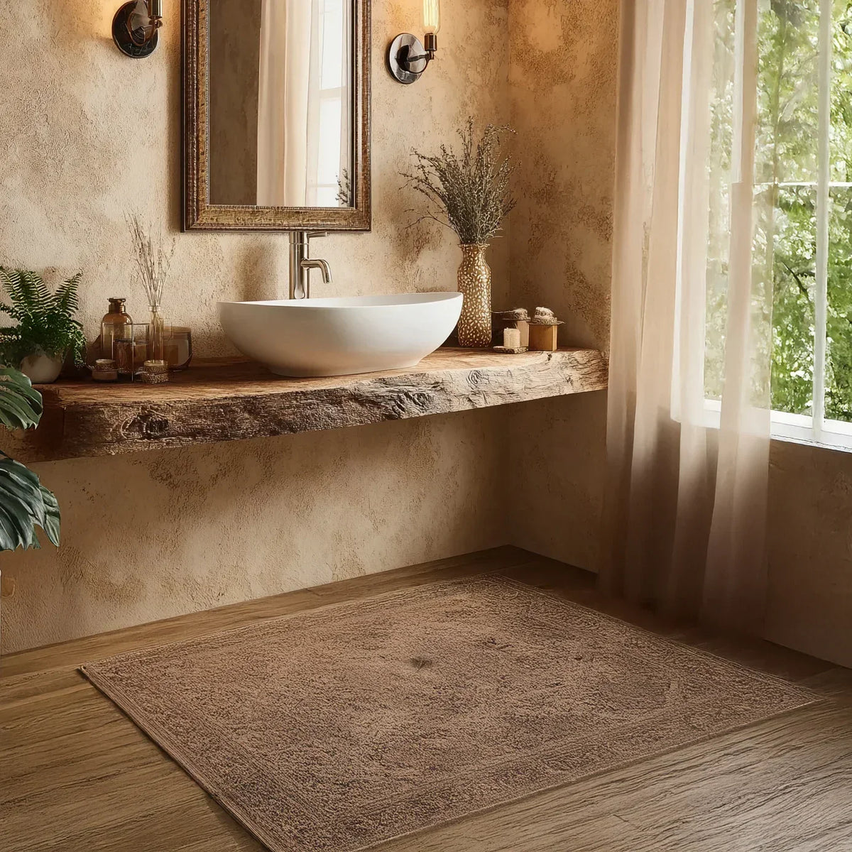 Rustic bathroom with a live edge wooden floating vanity, vessel sink, and natural decor