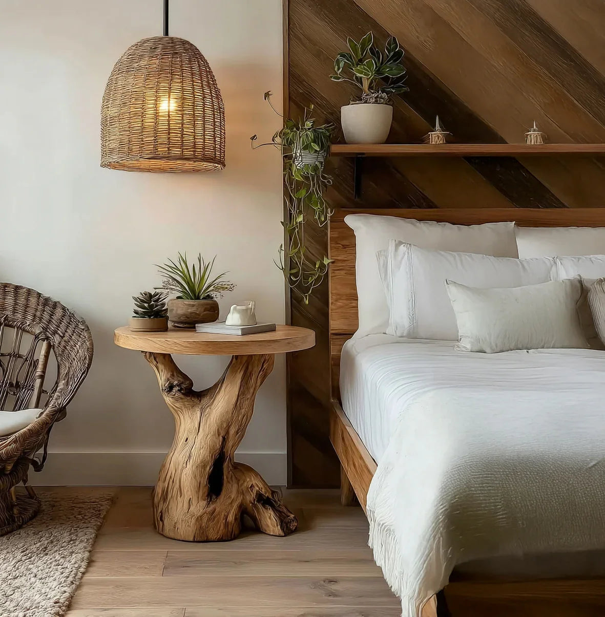 Solid wood live edge nightstand beside bed in cozy, modern rustic bedroom with plants.
