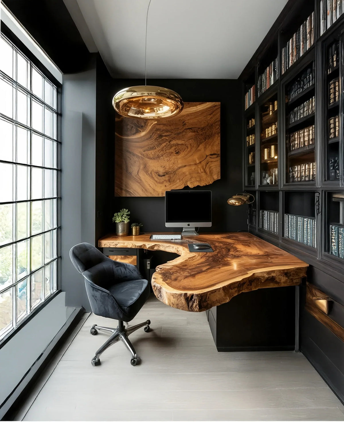 Modern home office with live edge wood desk, black bookshelves, and large window