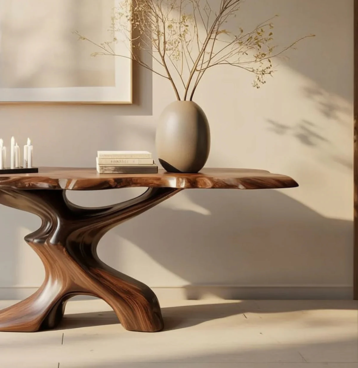 Modern wooden table with sculptural base, beige vase with dried branches, books, and candles in bright living room
