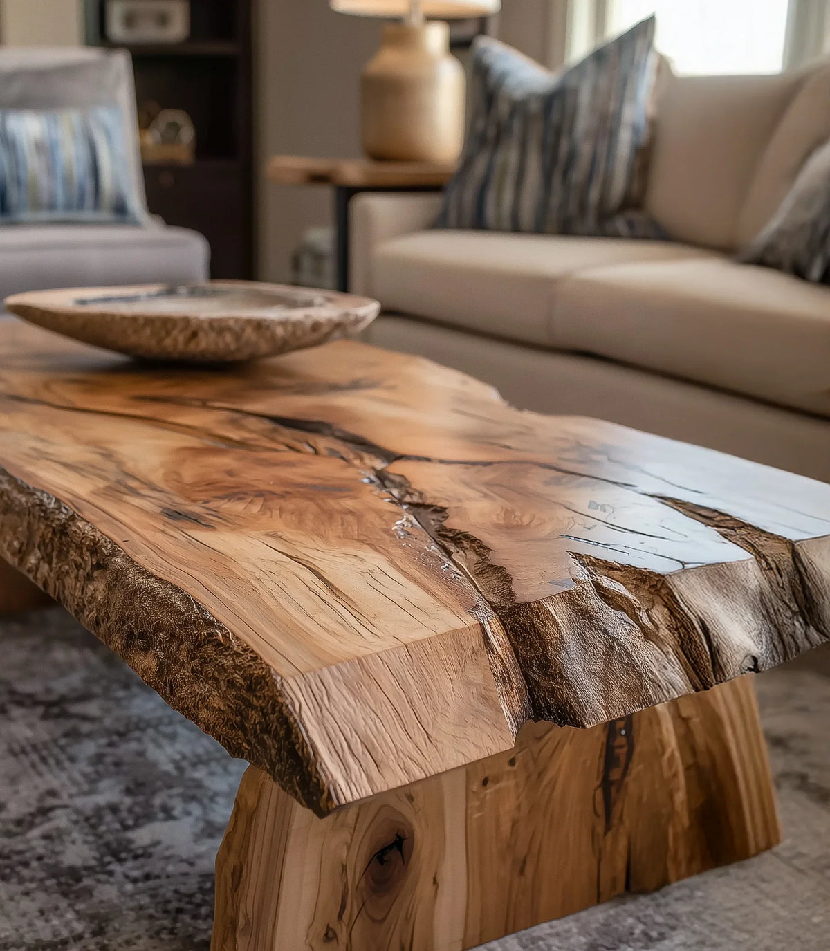 Live edge wooden coffee table with natural cracks in modern living room
