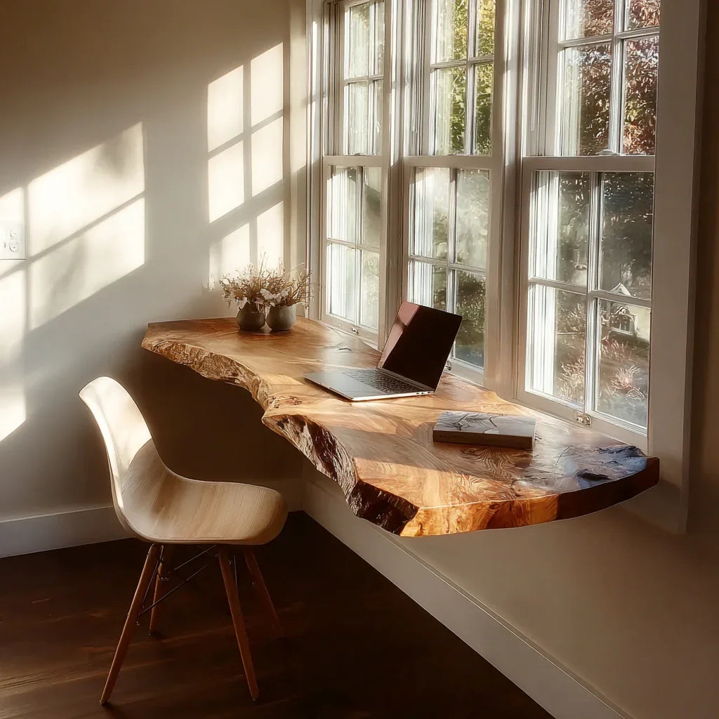 Live edge floating wood desk by window with laptop, wooden chair, and natural sunlight.