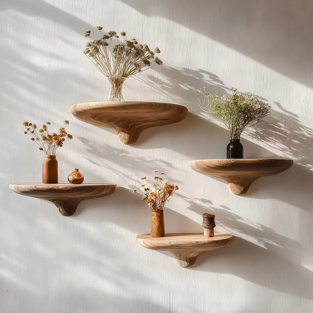 Set of floating live edge wooden shelves with vases and dried flowers on white wall