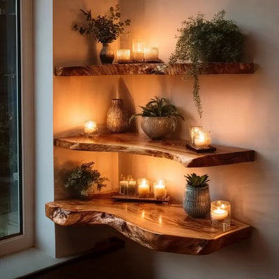 Rustic Live Edge Corner Floating Shelf – Handmade Solid Wood Wall Shelf