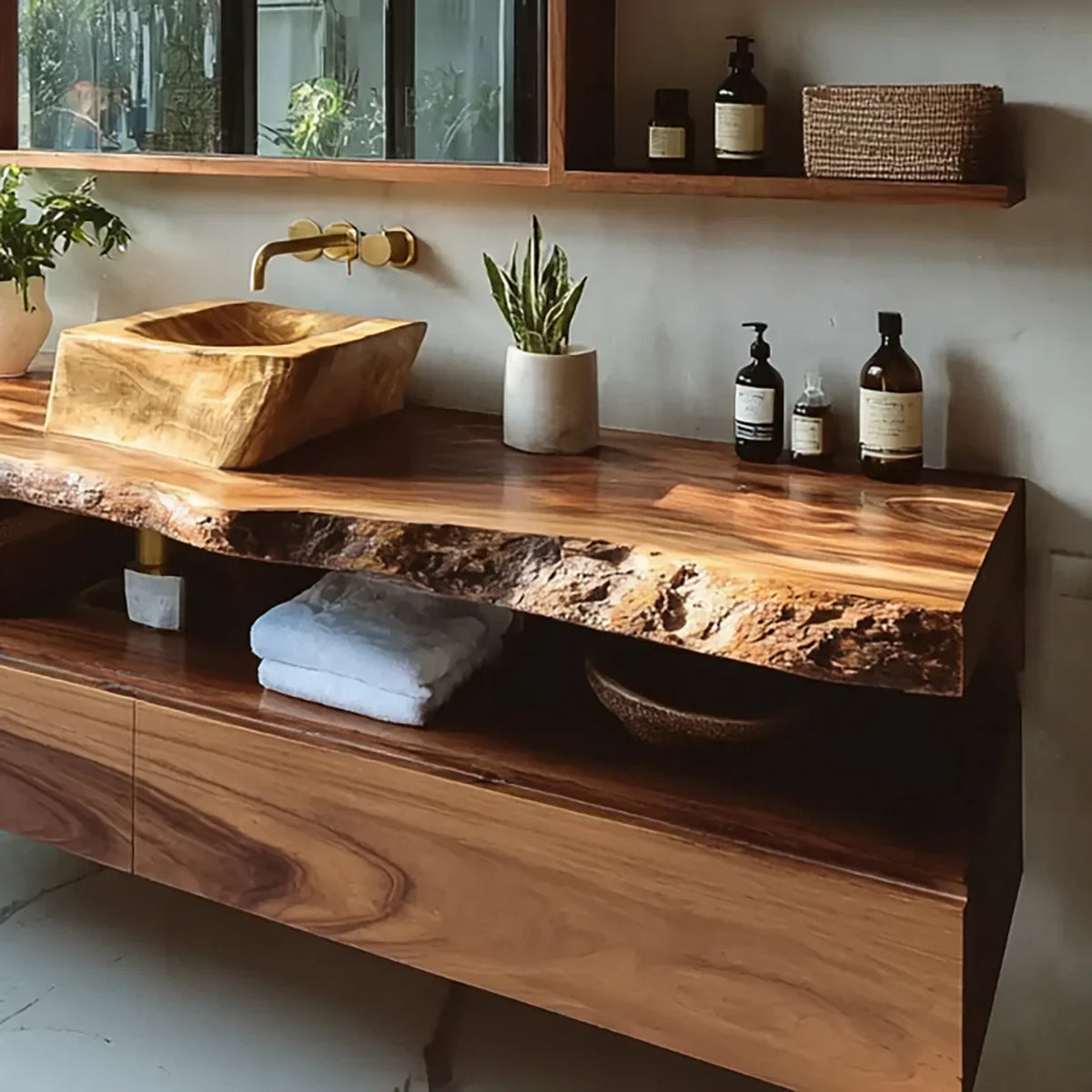 Live edge solid wood bathroom vanity with natural wood sink and plant decor