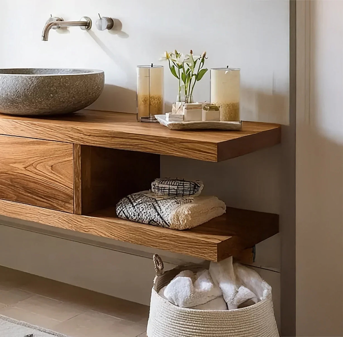 Sustainable solid wood floating vanity with live edge, stone sink, and bathroom accessories