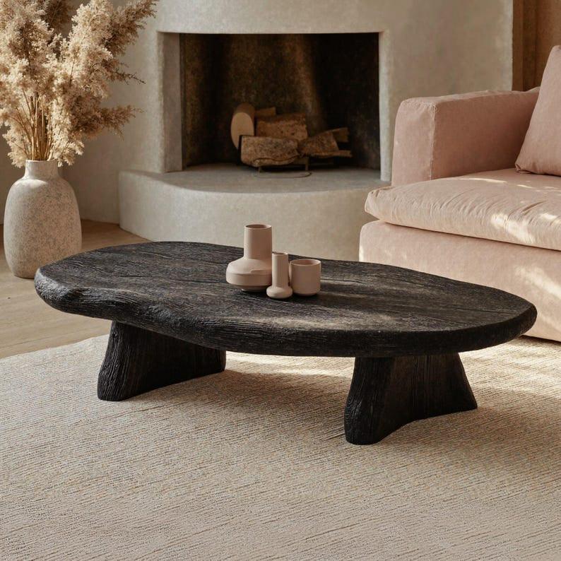 Live edge solid wood coffee table in modern living room with neutral decor