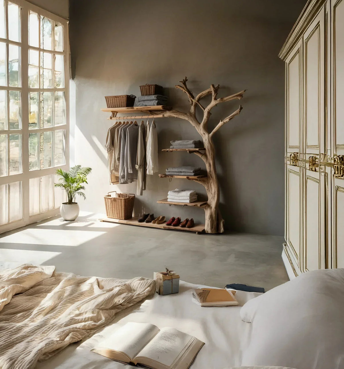 Minimalist bedroom with tree-shaped wooden bookshelf, clothing rack, and natural sunlight.