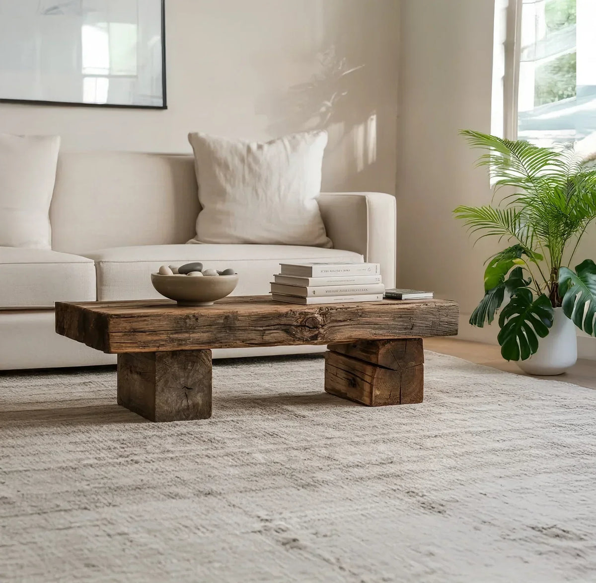 Solid wood live edge coffee table in a modern living room with neutral decor
