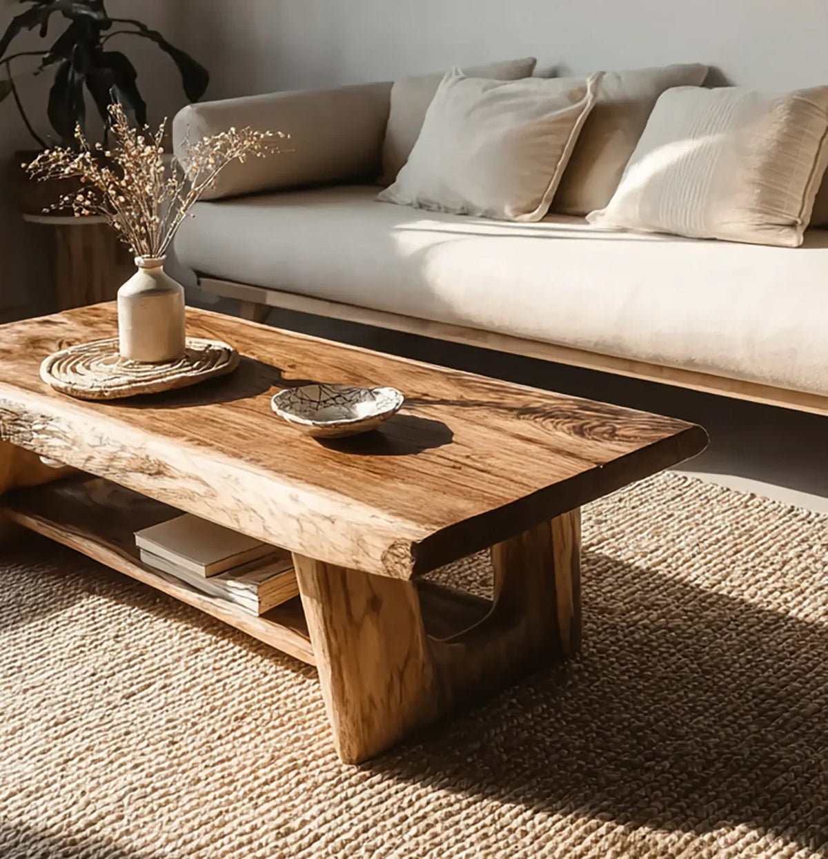 Rustic wooden coffee table with decorative vase and bowl in bright living room with beige sofa