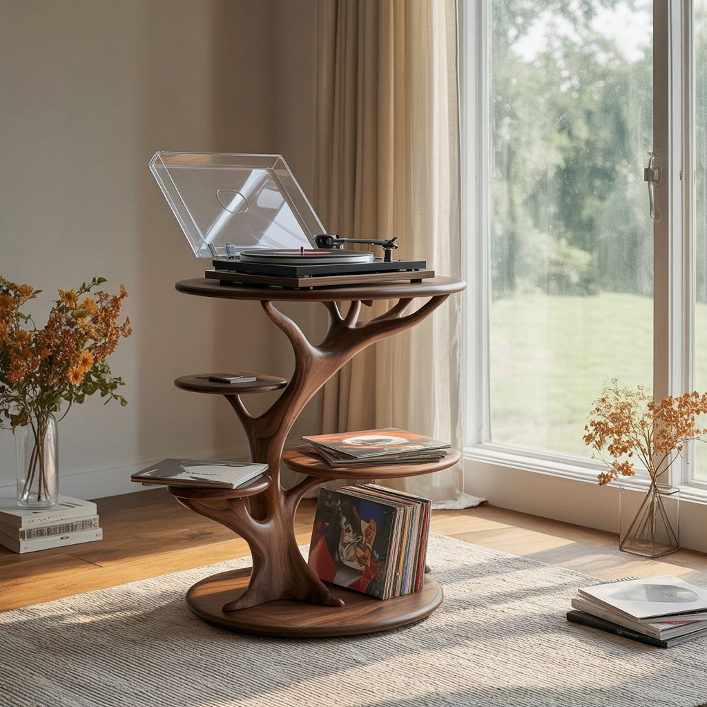Sustainably crafted solid wood tree bookshelf stand with record player and vinyl storage near window