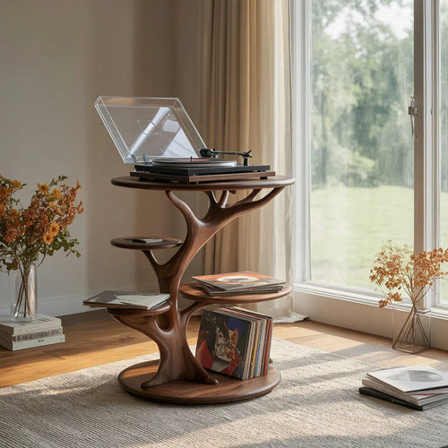 Handcrafted Wooden Record Player Stand – Artistic Vinyl Turntable Table