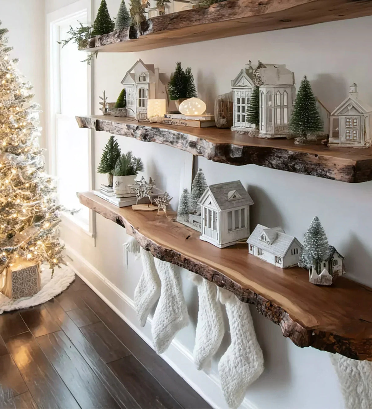 Rustic wooden shelves decorated with miniature white houses, Christmas trees, and hanging knit stockings beside a lit Christmas tree