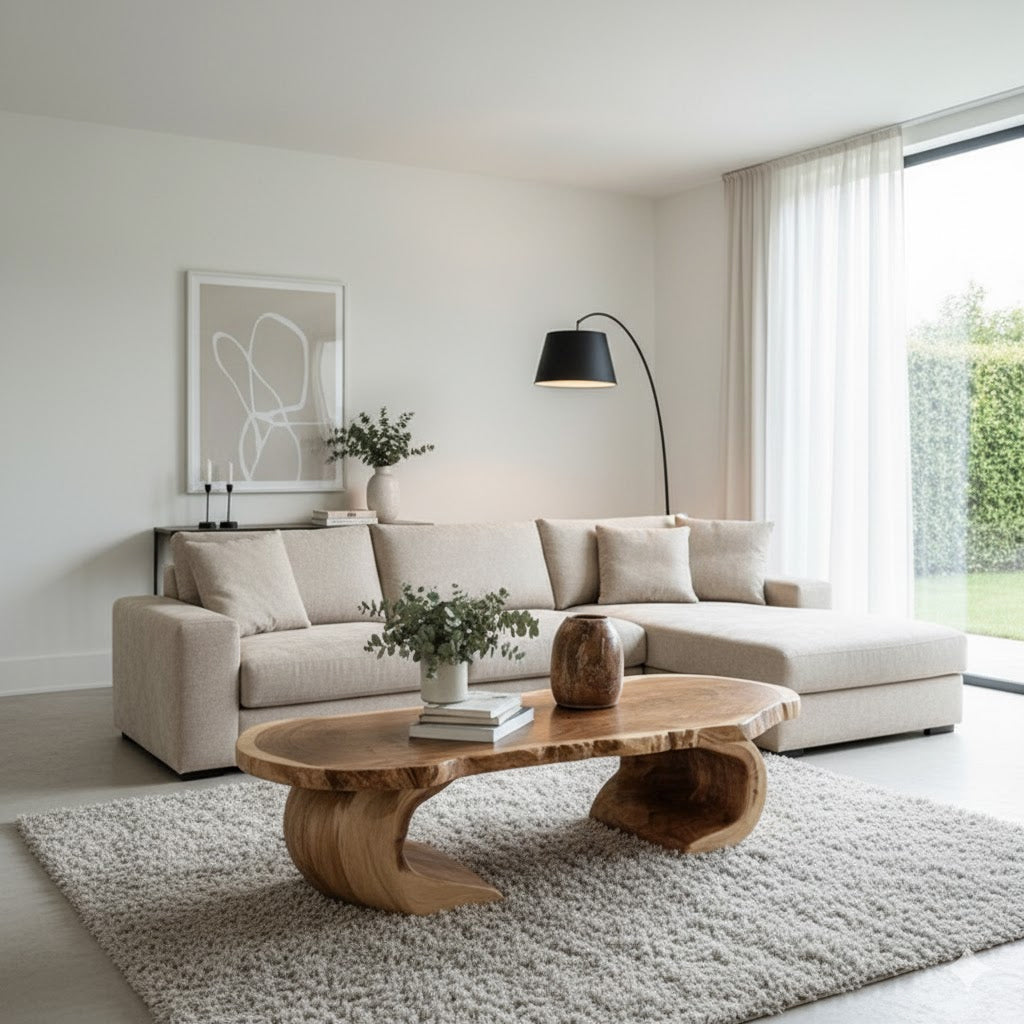 Minimalist living room with beige sectional sofa, artistic wooden coffee table, and tall black floor lamp