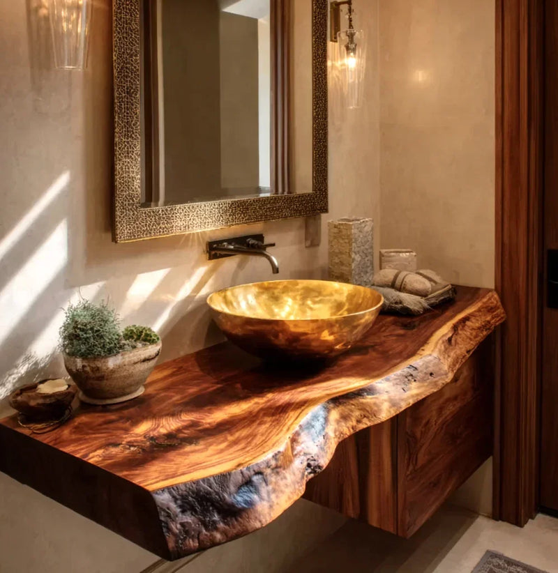 Live edge solid wood vanity with gold vessel sink in modern bathroom
