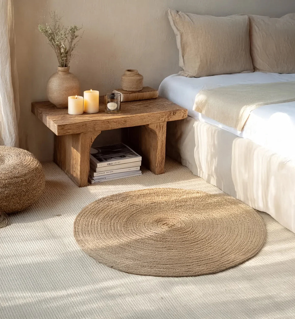 Minimalist bedroom with solid wood nightstand, jute pouf, round woven rug, and candles