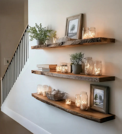 Handmade Live Edge Floating Shelf - Solid Wood Rustic Wall Display
