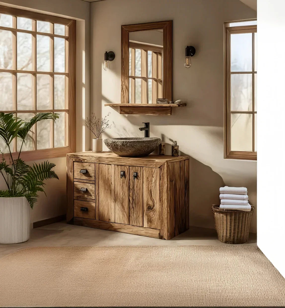 Rustic bathroom vanity with stone vessel sink, wooden framed mirror, and natural decor