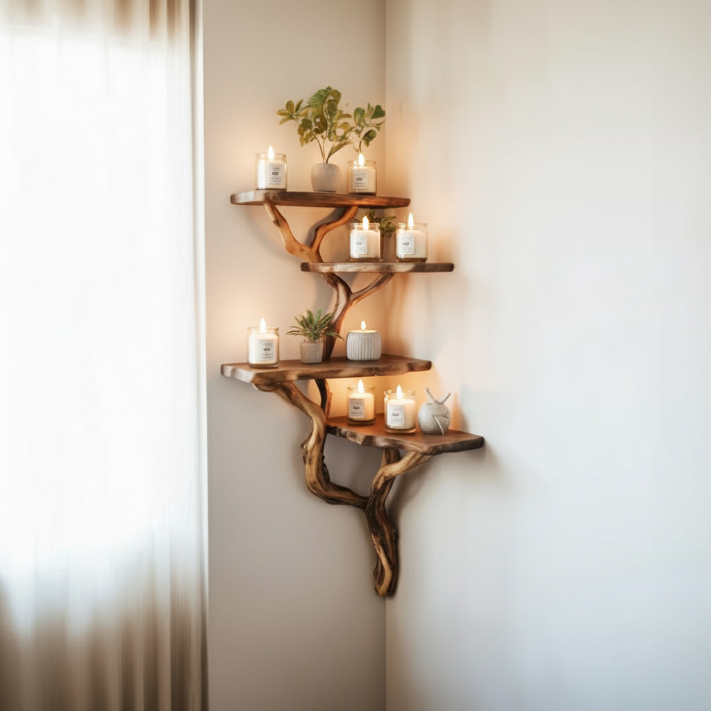 Wooden corner shelf with lit scented candles and small potted plants in bright room