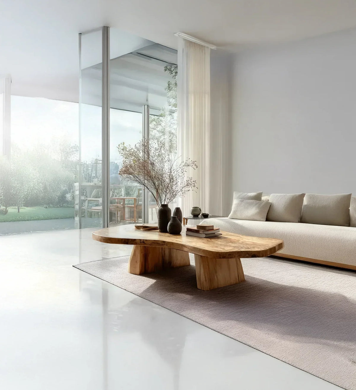 Solid wood live edge coffee table in modern living room with minimalist decor