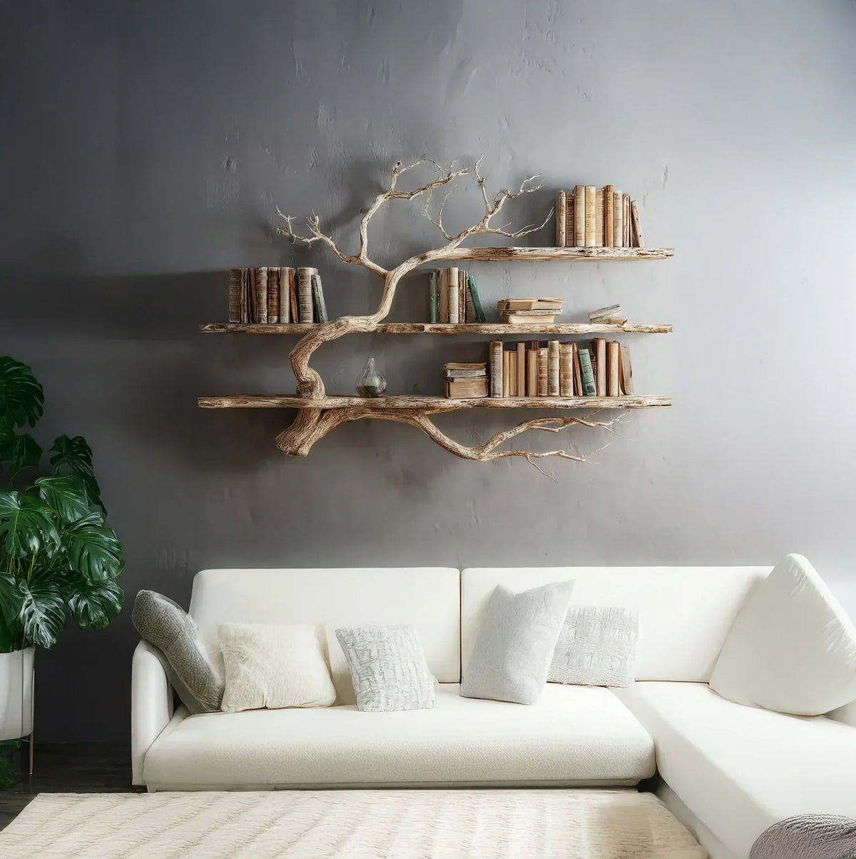 Tree branch bookshelf with books above white sofa in modern living room