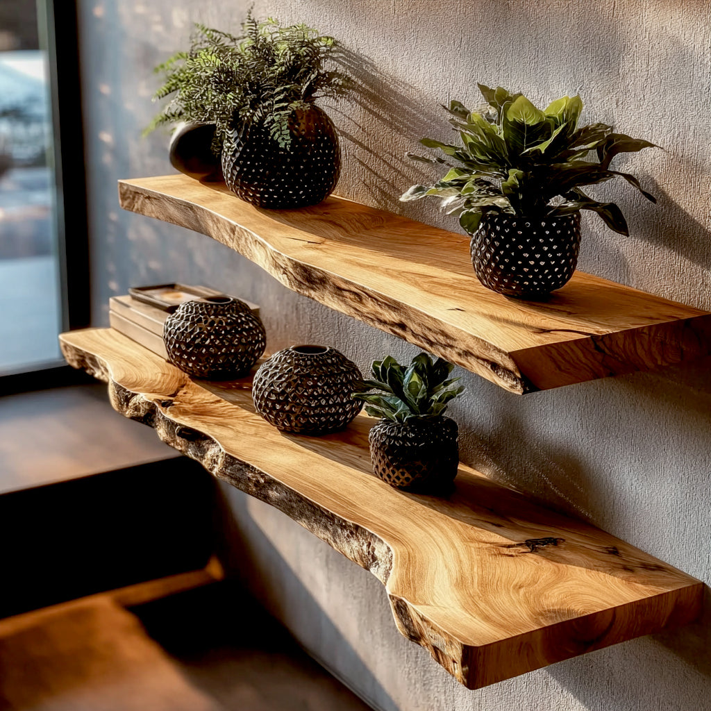 Two natural wood floating shelves with irregular edges decorated with black textured planters and green plants