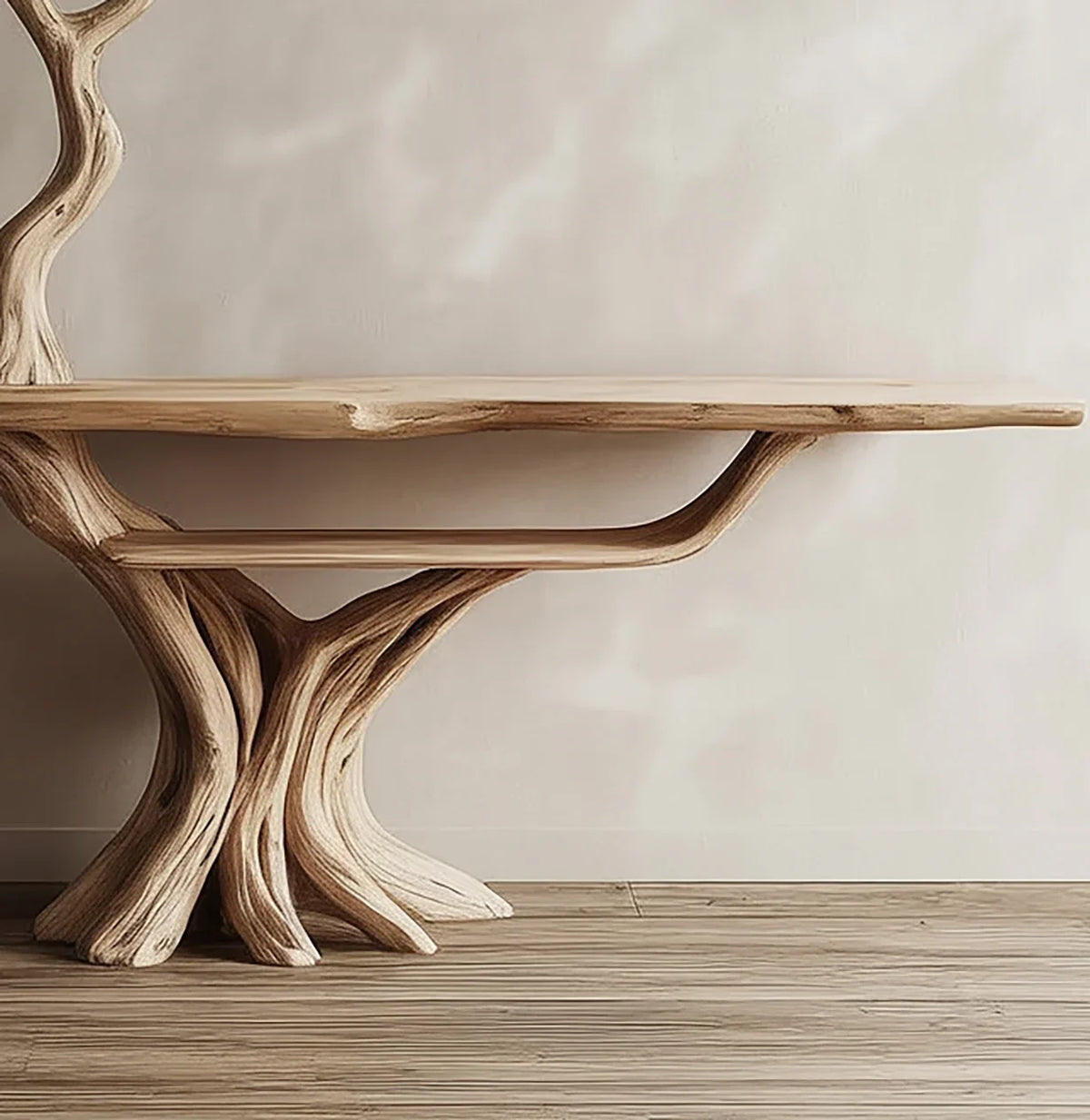 Live edge solid wood table with a tree-inspired base on a wooden floor