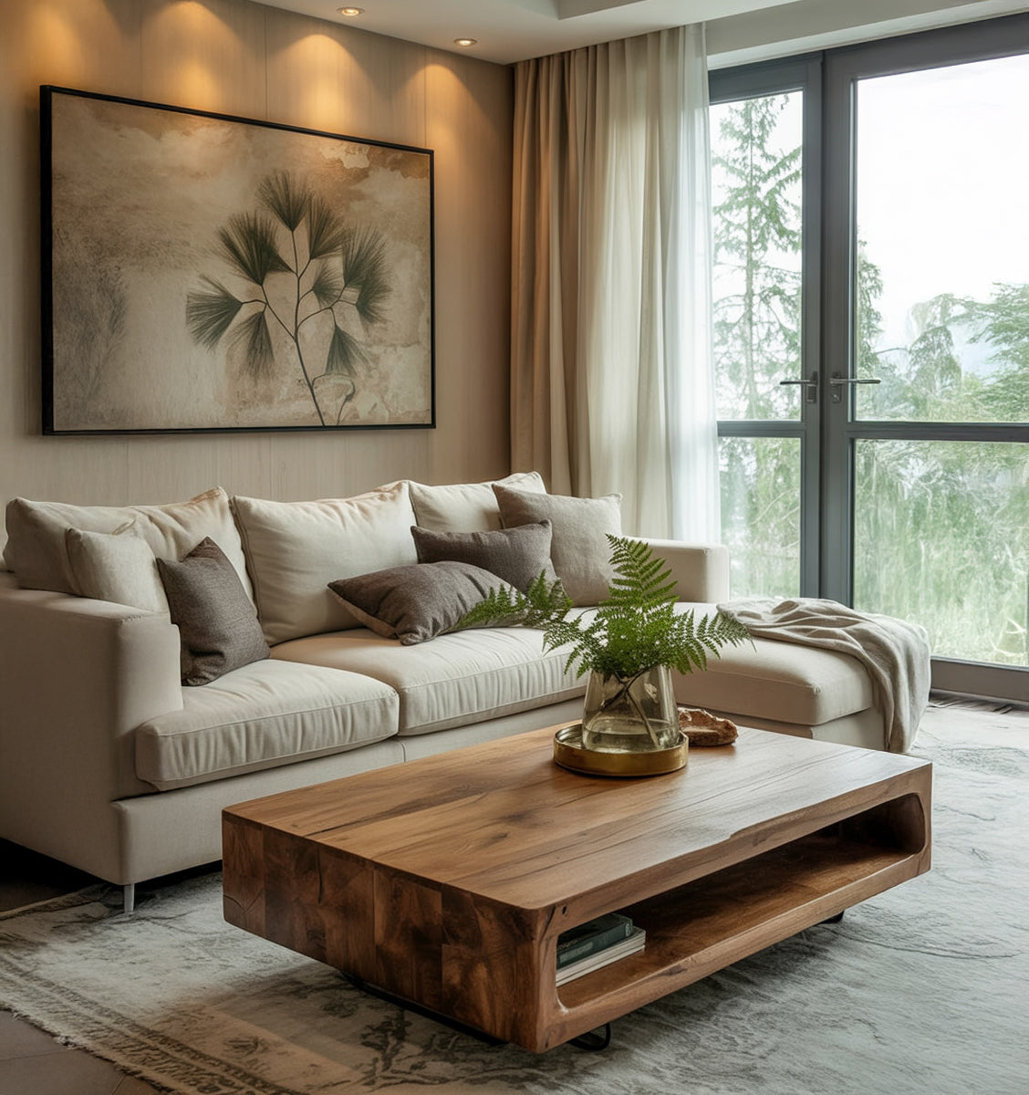 Cozy living room with beige sofa, wooden coffee table, leafy plant, and nature-inspired wall art