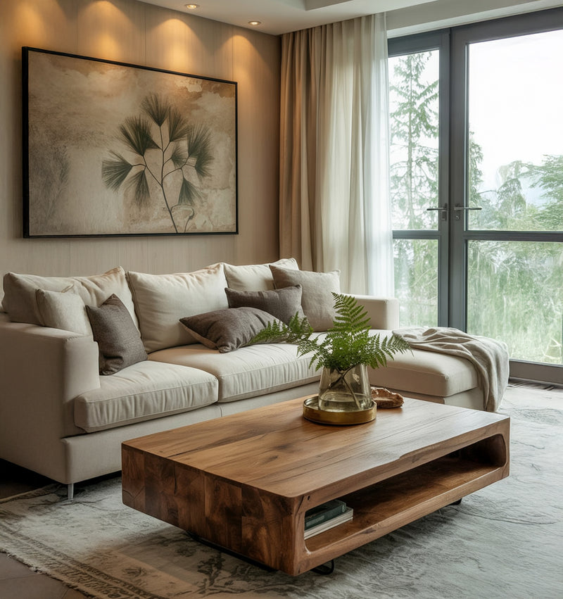 Cozy living room with beige sofa, wooden coffee table, leafy plant, and nature-inspired wall art
