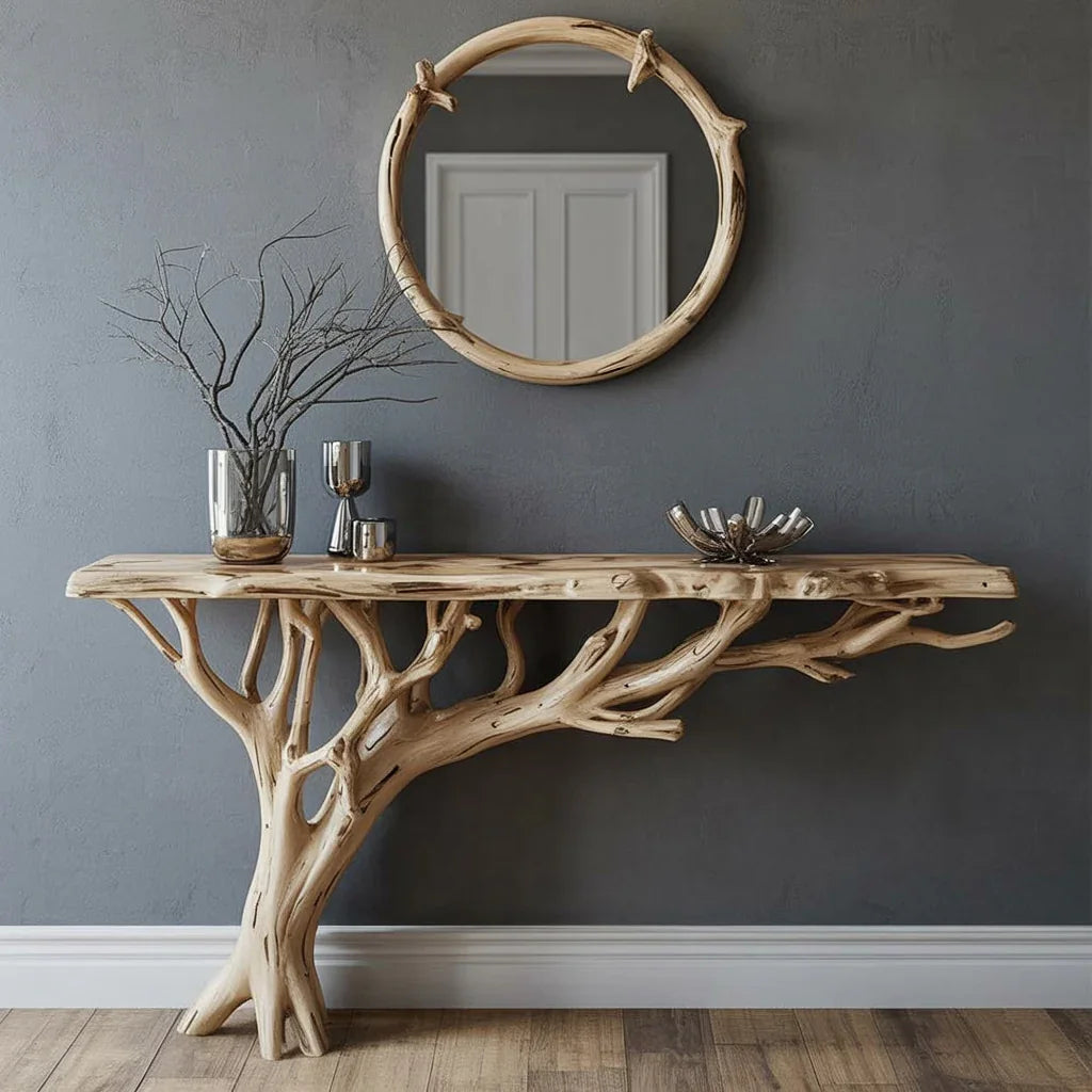 Live edge tree branch console table with round wood mirror on gray wall, modern decor