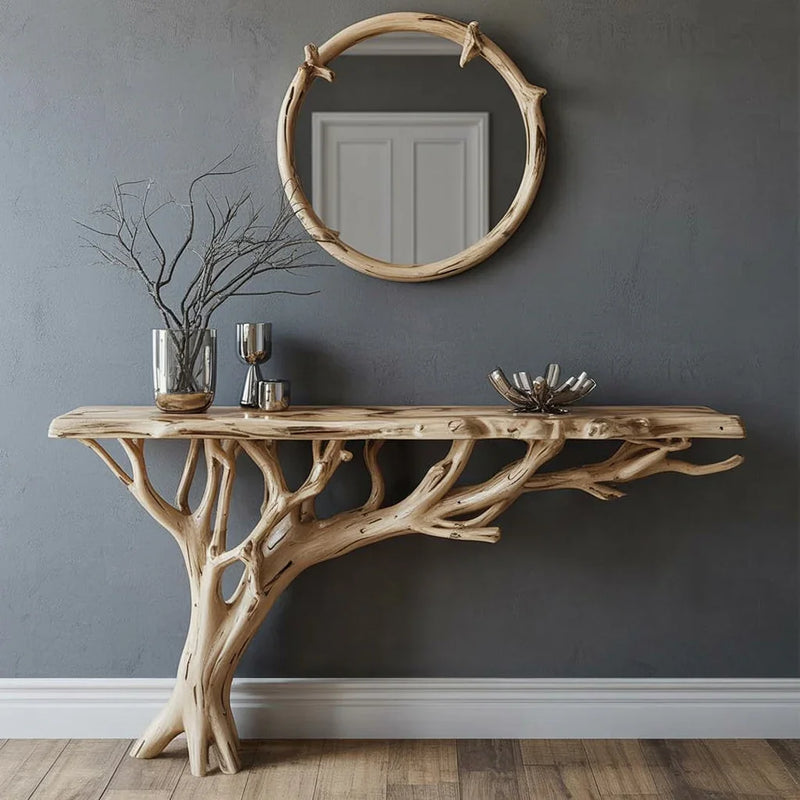 Live edge tree branch console table with round wood mirror on gray wall, modern decor
