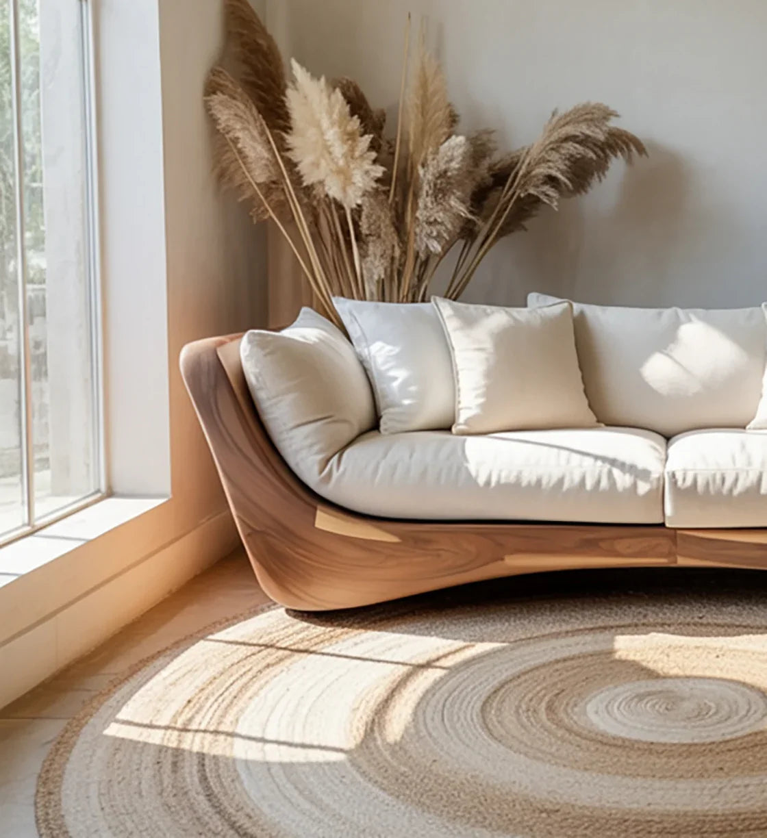 Modern wooden sofa with white cushions in sunlit room near window with pampas grass and round rug