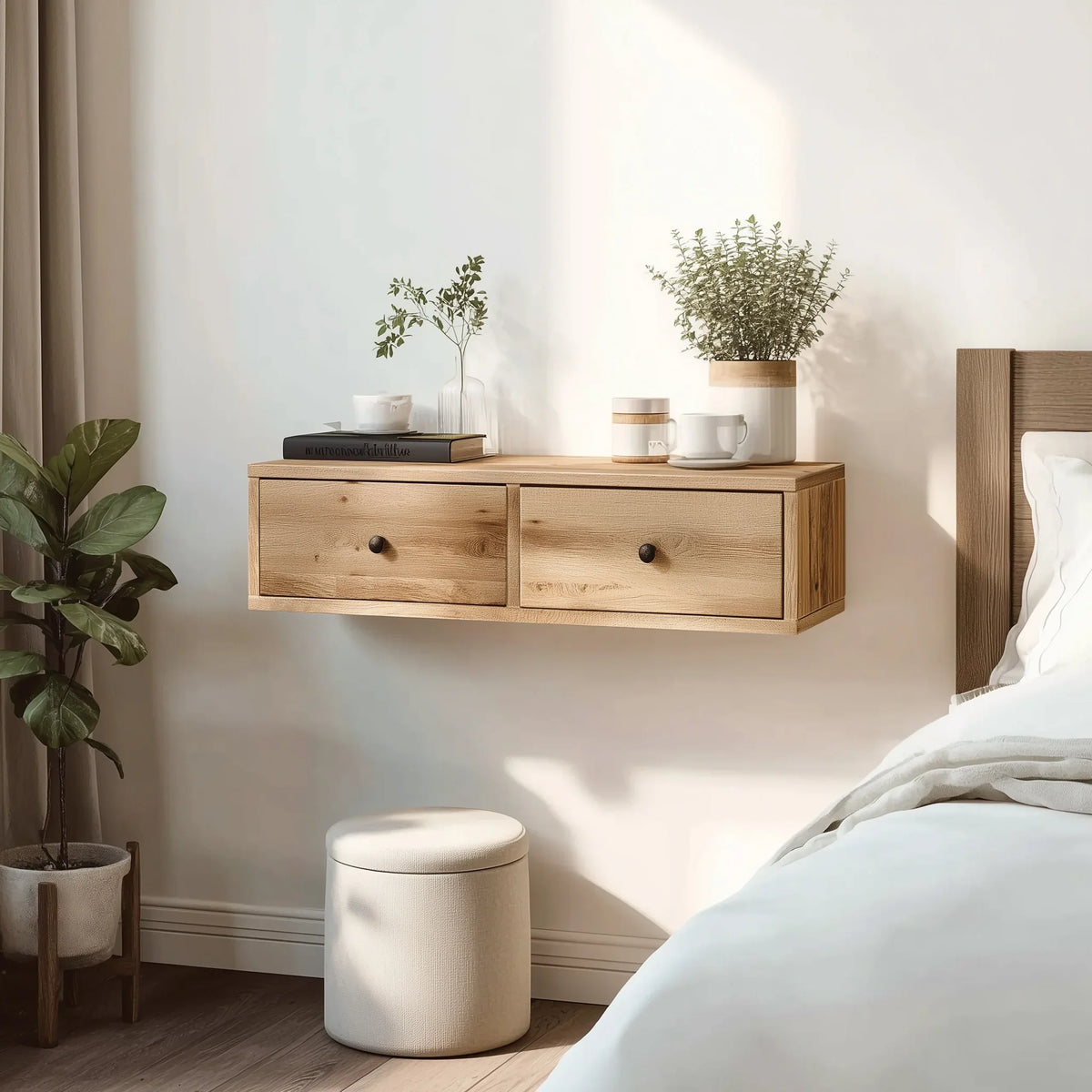 Solid wood floating nightstand with two drawers, styled with plants and coffee cups in a modern bedroom.