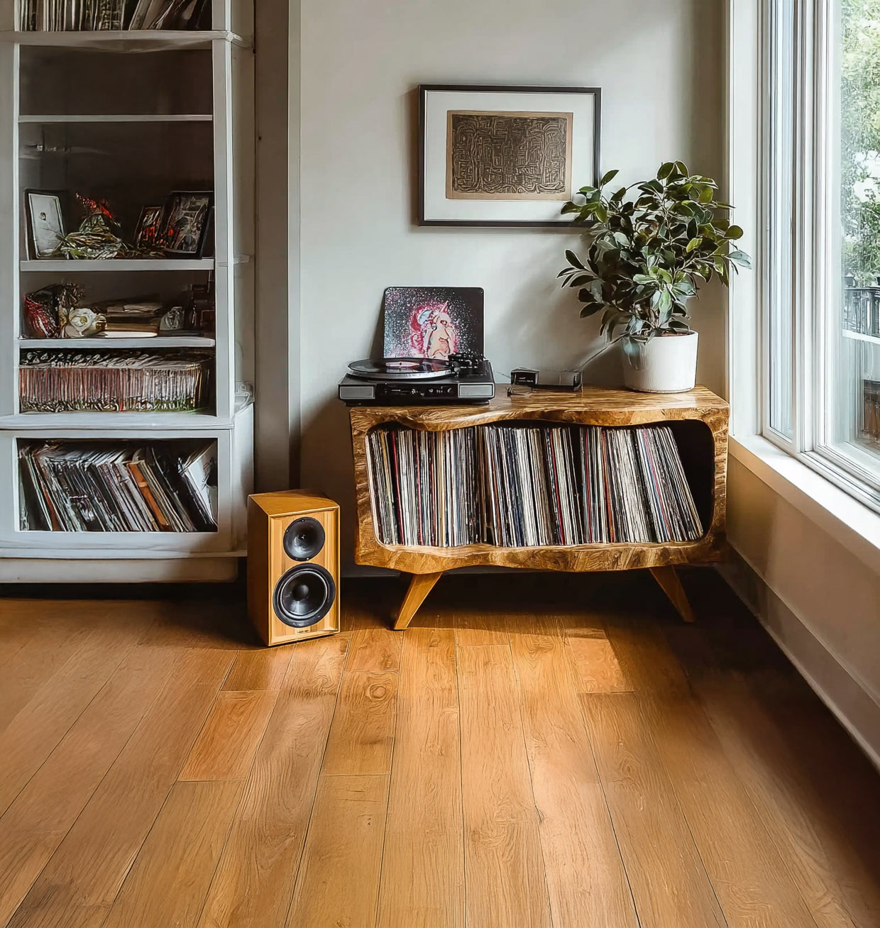 Cozy music corner with wooden vinyl record cabinet, turntable, speaker, potted plant, and framed art